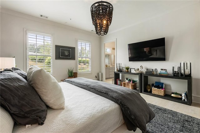132 Grand Cres, Alpharetta, GA 30009 - bedroom featuring wood finished floors, a chandelier, and ensuite bathroom
