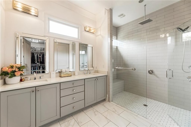 132 Grand Cres, Alpharetta, GA 30009 - full bath featuring a shower stall, double vanity, marble finish flooring, and a spacious closet