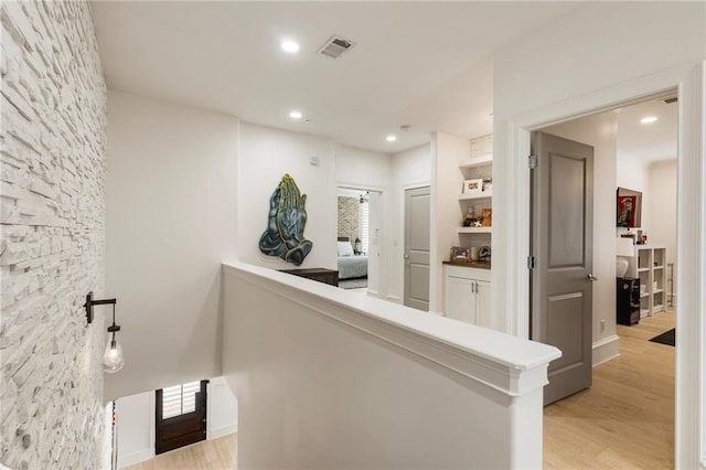 132 Grand Cres, Alpharetta, GA 30009 - hallway with an upstairs landing, light wood-style flooring, and recessed lighting