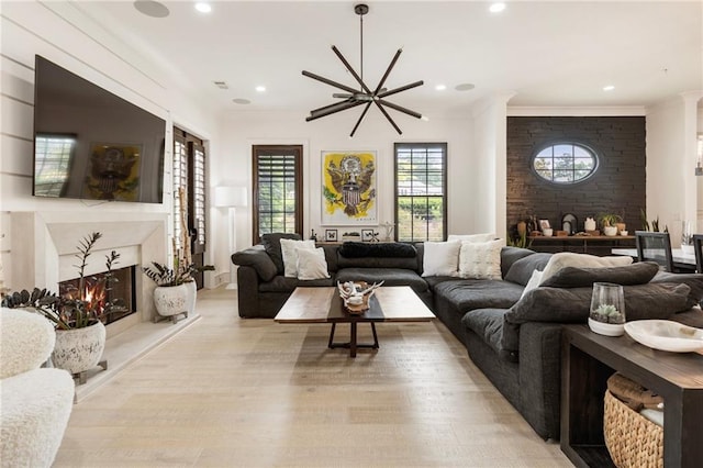 132 Grand Cres, Alpharetta, GA 30009 - living room featuring recessed lighting, light wood-type flooring, a premium fireplace, and ornamental molding