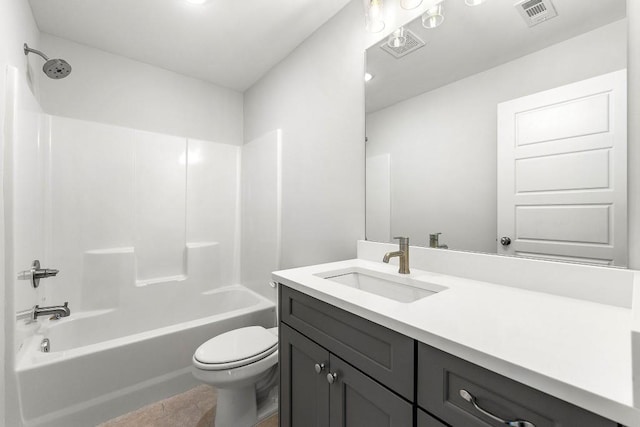 full bath with visible vents, shower / bathing tub combination, vanity, and toilet