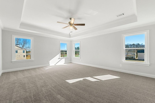 unfurnished room with a tray ceiling, a healthy amount of sunlight, and visible vents