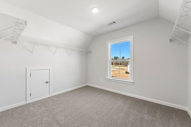 spacious closet featuring lofted ceiling, carpet floors, and visible vents