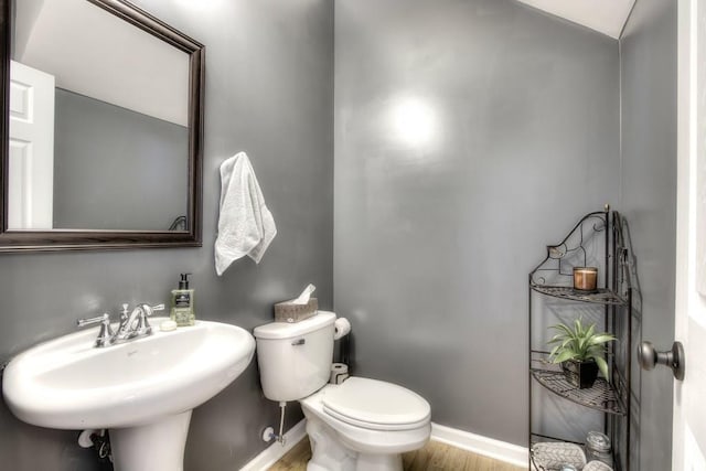 bathroom with toilet, wood-type flooring, and sink