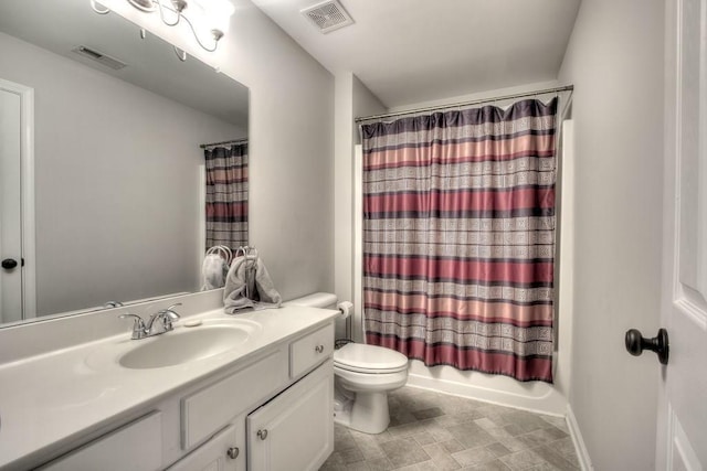 full bathroom with vanity, toilet, and shower / bathtub combination with curtain