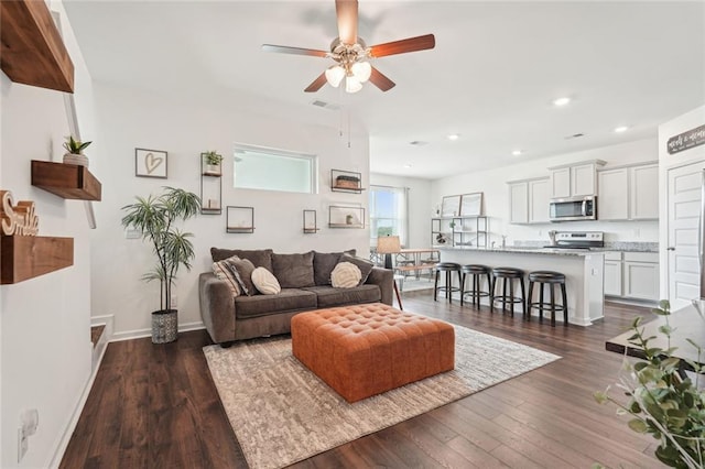 29 Gaston Ct, Hoschton, GA 30548 - living room with ceiling fan, recessed lighting, dark wood-style flooring, and baseboards