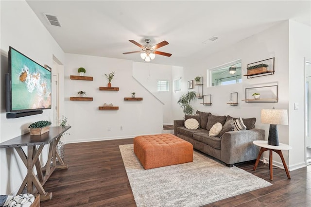 29 Gaston Ct, Hoschton, GA 30548 - living room featuring a ceiling fan, dark wood finished floors, and baseboards