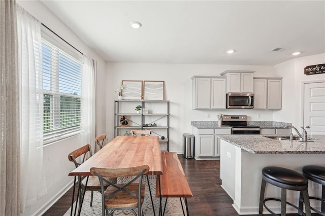 29 Gaston Ct, Hoschton, GA 30548 - kitchen featuring appliances with stainless steel finishes, a sink, dark wood finished floors, light stone counters, and recessed lighting