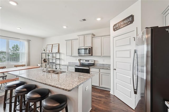 29 Gaston Ct, Hoschton, GA 30548 - kitchen with stainless steel appliances, a sink, a kitchen island with sink, light stone countertops, and dark wood-style floors