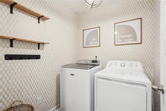 29 Gaston Ct, Hoschton, GA 30548 - laundry room featuring washer and clothes dryer and wallpapered walls