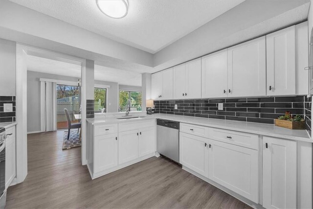 kitchen featuring stainless steel dishwasher, sink, decorative backsplash, and white cabinets