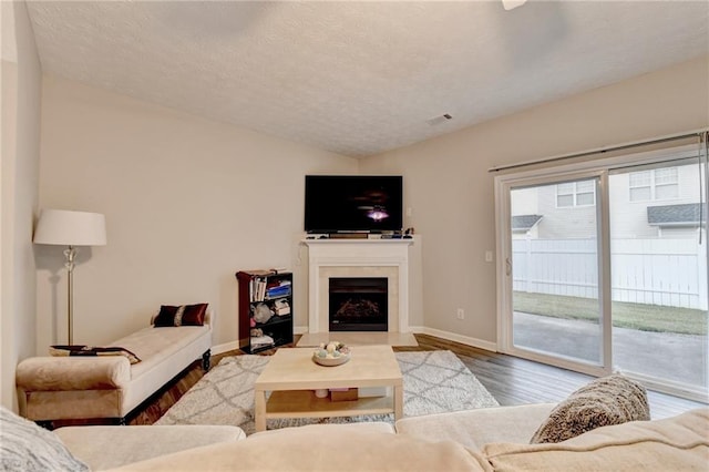 living room with a textured ceiling and hardwood / wood-style flooring