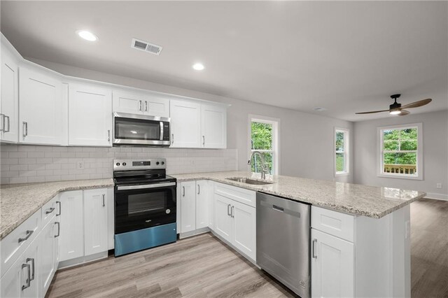 kitchen featuring kitchen peninsula, appliances with stainless steel finishes, white cabinets, and sink