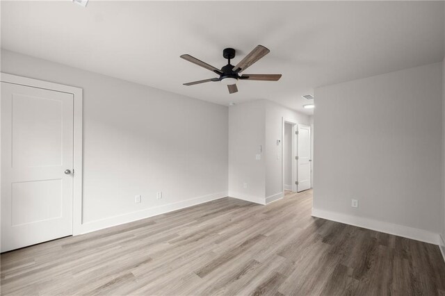 empty room featuring ceiling fan and light hardwood / wood-style flooring