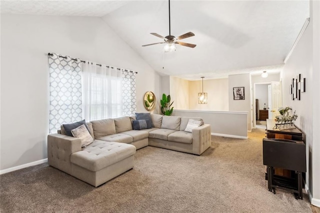 5519 Princeton Oaks Ln, Sugar Hill, GA 30518 - living room featuring light colored carpet, ceiling fan, vaulted ceiling, and baseboards