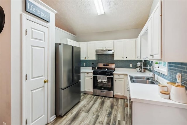 5519 Princeton Oaks Ln, Sugar Hill, GA 30518 - kitchen with appliances with stainless steel finishes, a sink, under cabinet range hood, lofted ceiling, and a textured ceiling