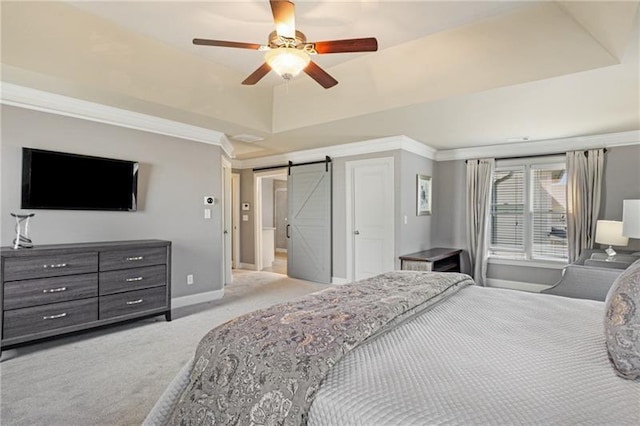 1604 Gilstrap Ln NW, Atlanta, GA 30318 - bedroom featuring a barn door, light carpet, a ceiling fan, and ornamental molding