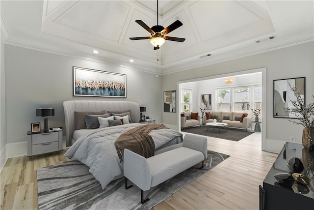 4011 Charrwood Trce, Marietta, GA 30062 - bedroom featuring coffered ceiling, light wood-style flooring, crown molding, recessed lighting, and a ceiling fan