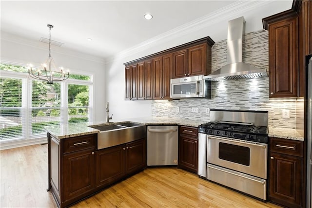 4011 Charrwood Trce, Marietta, GA 30062 - kitchen featuring wall chimney range hood, appliances with stainless steel finishes, a sink, a peninsula, and backsplash