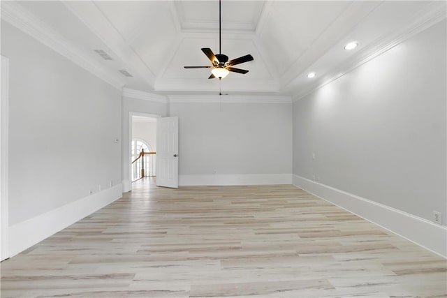 4011 Charrwood Trce, Marietta, GA 30062 - unfurnished room with coffered ceiling, a ceiling fan, recessed lighting, light wood finished floors, and ornamental molding