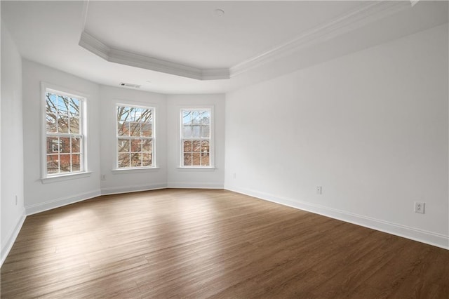 empty room with a wealth of natural light, crown molding, a raised ceiling, and wood finished floors