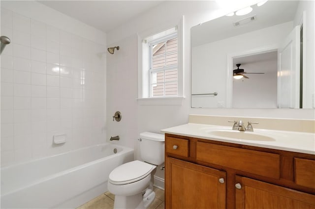 full bath with tile patterned floors, visible vents, toilet, washtub / shower combination, and vanity