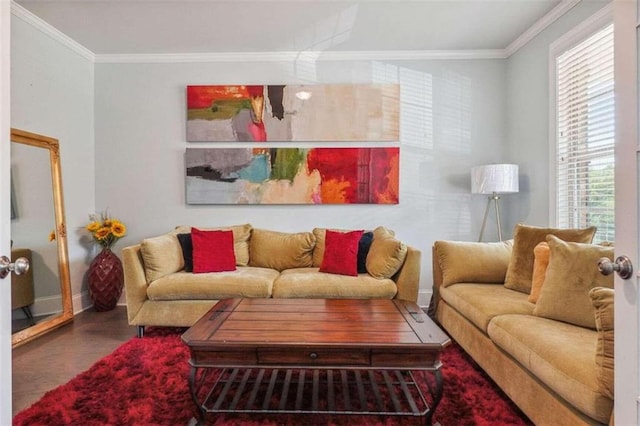 living room with hardwood / wood-style flooring and crown molding