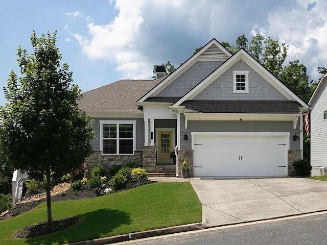 712 Broken Arrow, Waleska, GA 30183 - craftsman house with driveway, a front lawn, a garage, stone siding, and a chimney