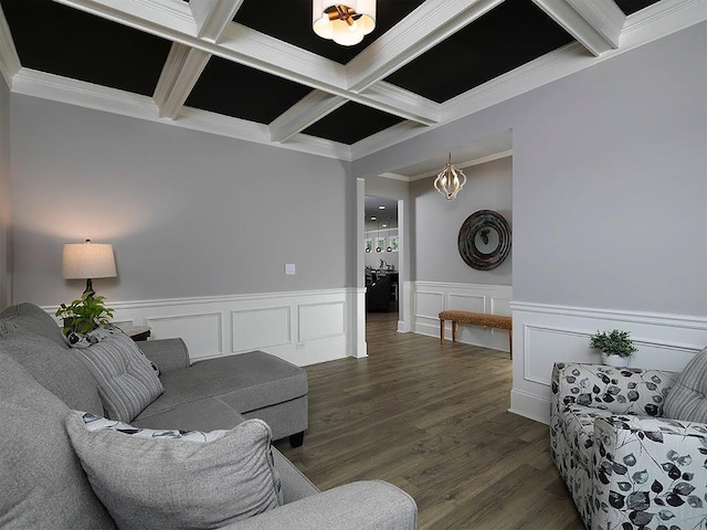 712 Broken Arrow, Waleska, GA 30183 - living area with coffered ceiling, beamed ceiling, ornamental molding, a chandelier, and a wainscoted wall