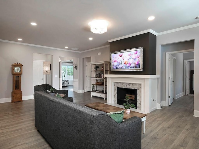 712 Broken Arrow, Waleska, GA 30183 - living area with crown molding, wood finished floors, recessed lighting, and a premium fireplace
