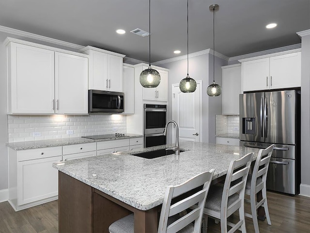 712 Broken Arrow, Waleska, GA 30183 - kitchen with stainless steel appliances, crown molding, dark wood-style flooring, white cabinets, and decorative backsplash