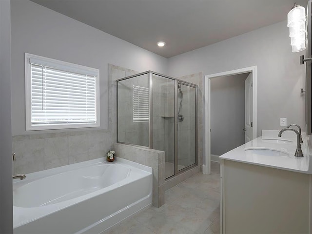 712 Broken Arrow, Waleska, GA 30183 - bathroom featuring a bath, a stall shower, double vanity, tile patterned flooring, and recessed lighting