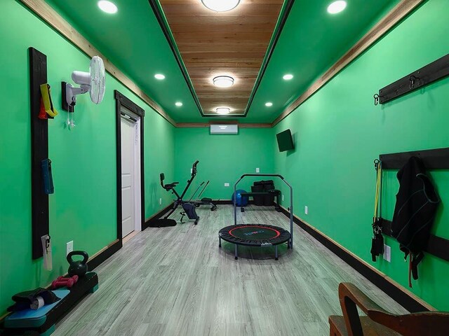 712 Broken Arrow, Waleska, GA 30183 - exercise room with wood finished floors, wood ceiling, recessed lighting, and crown molding