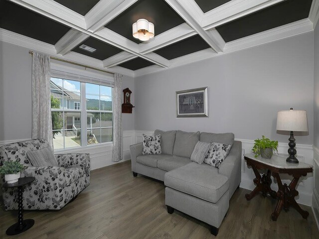 712 Broken Arrow, Waleska, GA 30183 - living room with coffered ceiling, wood finished floors, beam ceiling, and a wainscoted wall