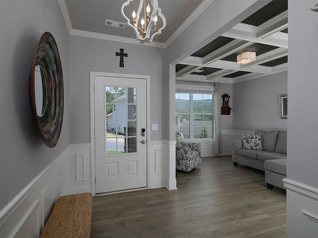 712 Broken Arrow, Waleska, GA 30183 - foyer featuring a chandelier, ornamental molding, coffered ceiling, a wainscoted wall, and beam ceiling