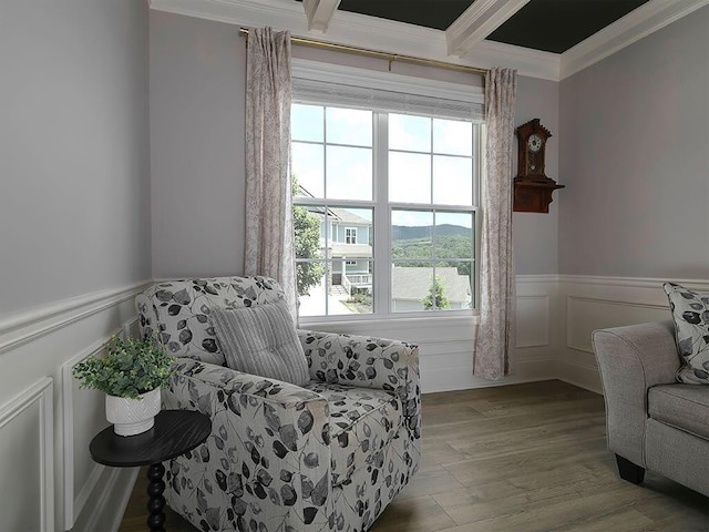712 Broken Arrow, Waleska, GA 30183 - living area with crown molding, healthy amount of natural light, beamed ceiling, wainscoting, and wood finished floors