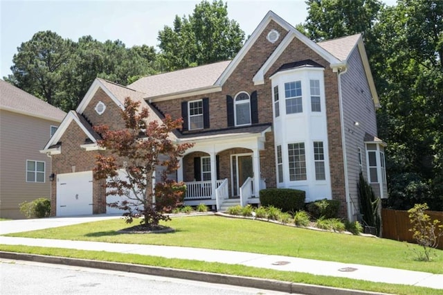 view of front of property with a porch, a garage, and a front lawn