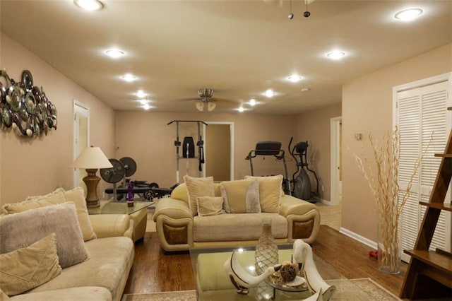 living room with ceiling fan and wood-type flooring