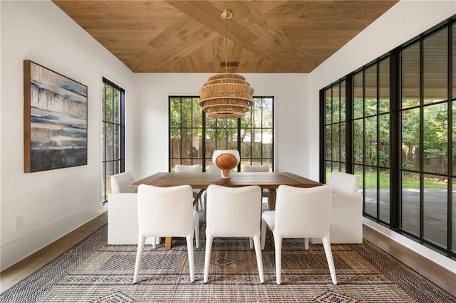 555 Orme Cir NE, Atlanta, GA 30306 - dining room with wooden ceiling, healthy amount of natural light, a chandelier, baseboards, and wood finished floors