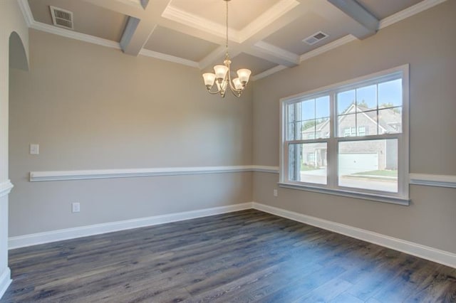 empty room featuring coffered ceiling, dark wood-type flooring, beamed ceiling, and a chandelier