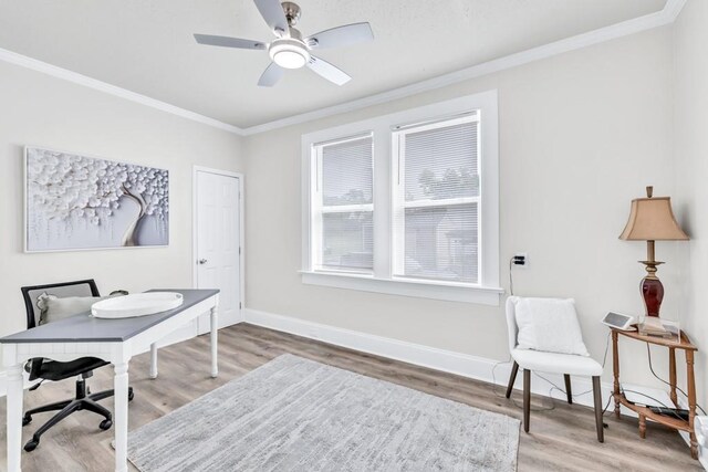 11 Poplar St, Porterdale, GA 30014 - office with ornamental molding, wood finished floors, baseboards, and ceiling fan