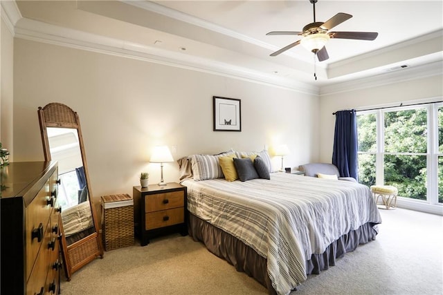 225 Mystic Ridge Hl, Sandy Springs, GA 30342 - bedroom featuring a tray ceiling, light carpet, ornamental molding, and ceiling fan