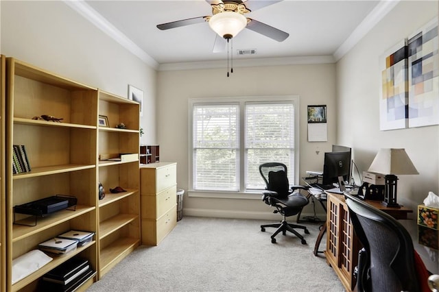 225 Mystic Ridge Hl, Sandy Springs, GA 30342 - office space featuring light carpet, ornamental molding, a ceiling fan, and baseboards