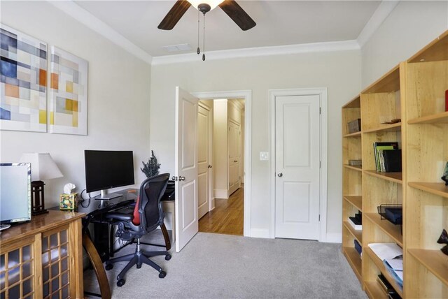 225 Mystic Ridge Hl, Sandy Springs, GA 30342 - carpeted office with ceiling fan and ornamental molding