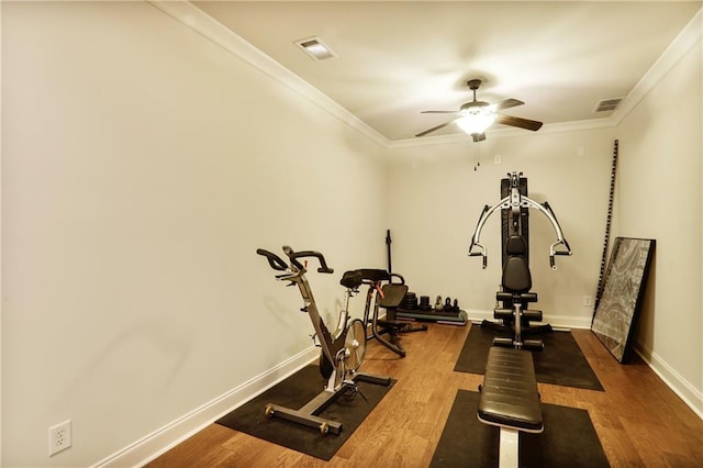 225 Mystic Ridge Hl, Sandy Springs, GA 30342 - workout room with a ceiling fan, wood finished floors, baseboards, and ornamental molding