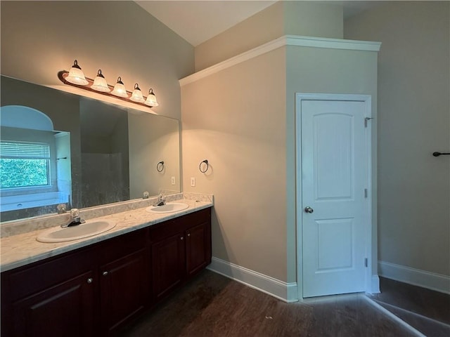 381 Plymstock Dr, Mcdonough, GA 30253 - full bathroom featuring double vanity, baseboards, wood finished floors, and a shower