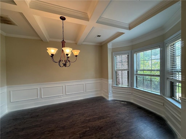 381 Plymstock Dr, Mcdonough, GA 30253 - unfurnished dining area with coffered ceiling, healthy amount of natural light, dark wood finished floors, a chandelier, and beamed ceiling