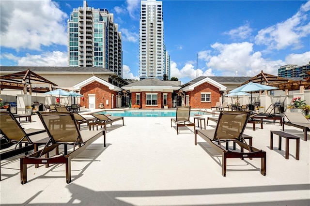 view of swimming pool with a patio area