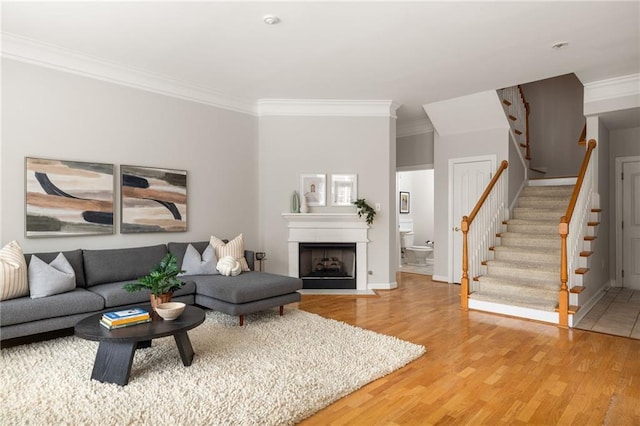 living room featuring ornamental molding and wood-type flooring