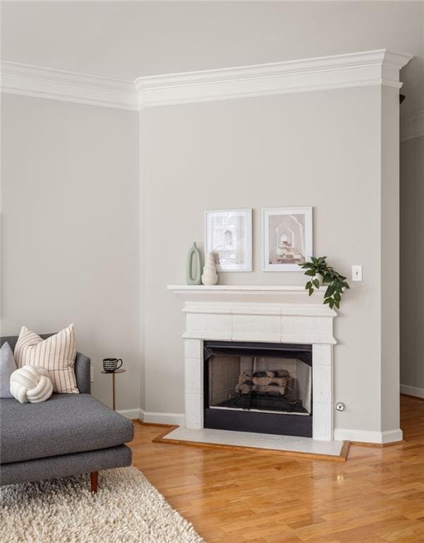 living area with wood-type flooring, ornamental molding, and a fireplace